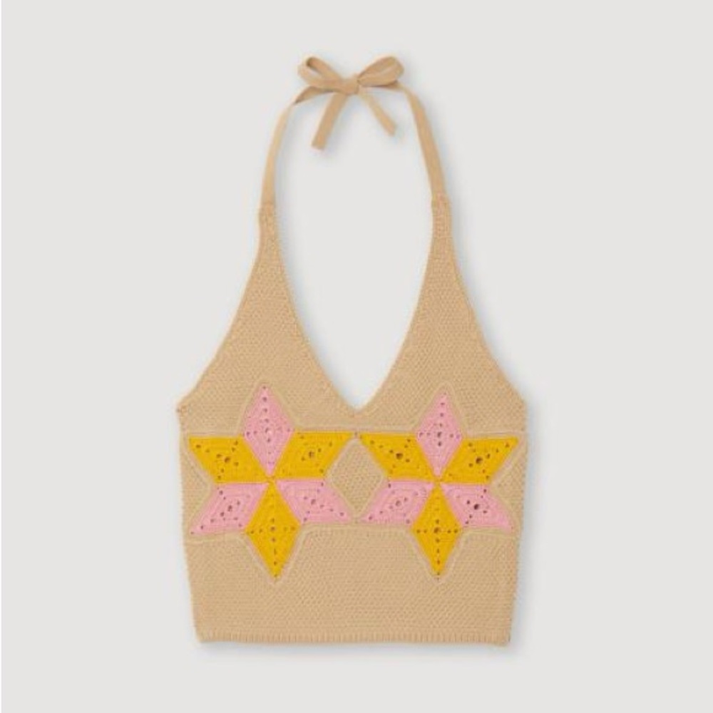 Sandro Paris Beige Crochet Halter Top with Pink & Yellow Star Panels 0 - Picture 6 of 6